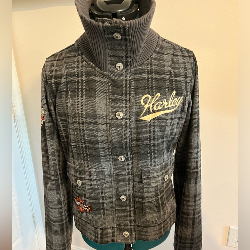 Harley Davidson gray check baseball style jacket with embroidered logo – M